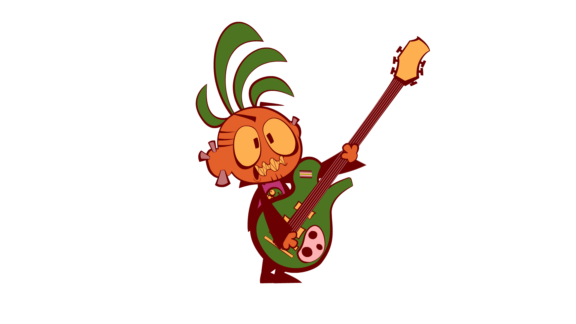 An animated GIF of a cartoon character of indeterminate race messing up playing an electric guitar. It has a red filter over it as its eyes spin in a comical manner.