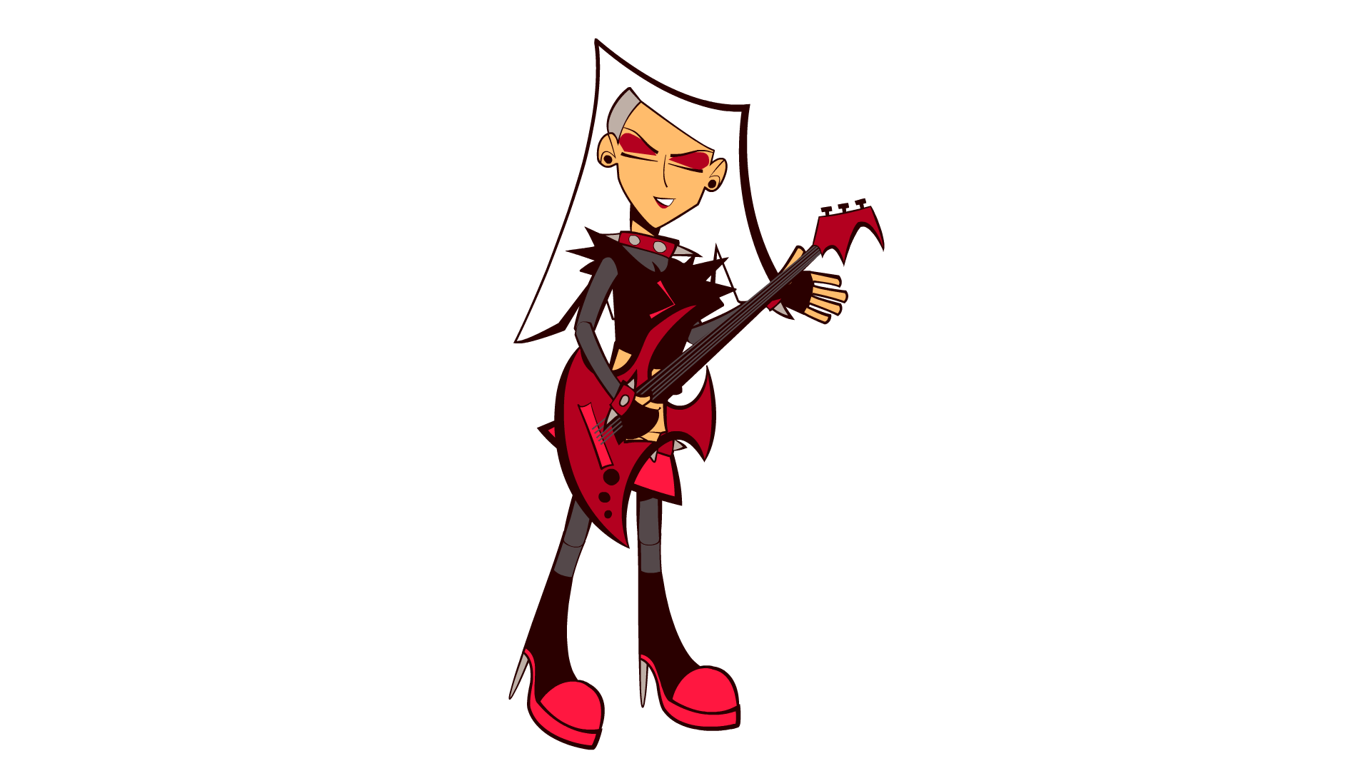 An animated GIF of a cartoon-styled Asian tall woman with white, past-shoulder-length hair and punkish clothing playing an equally punkish bass. She then quickly looks to see if anyone caught her goofing off before continuing to play.