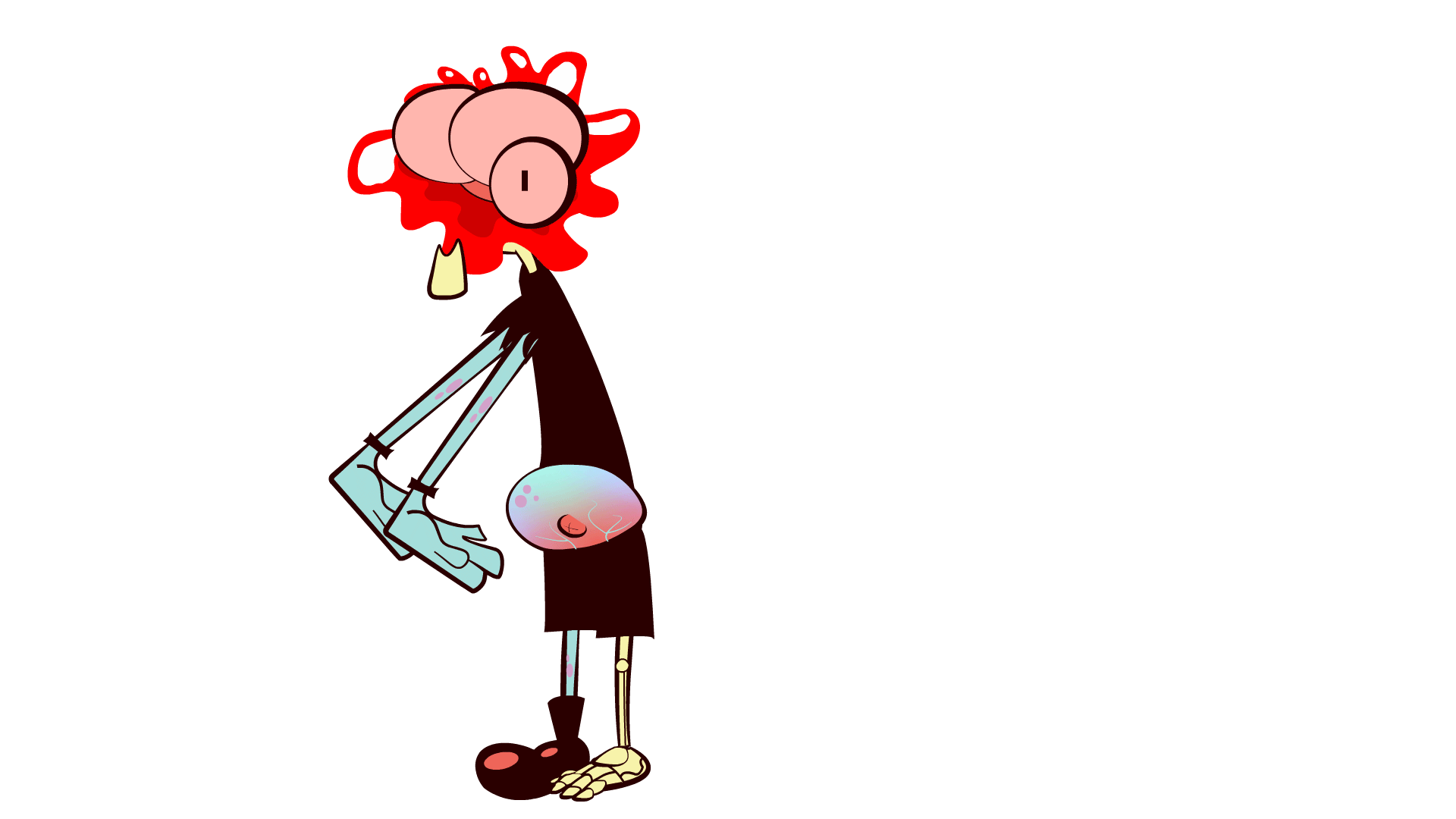 An animated GIF of a cartoon-style zombie with its head exploding into stylized gore (blood, brain, eyeball, tooth.) Its arms flail in a circular motion on the blast.